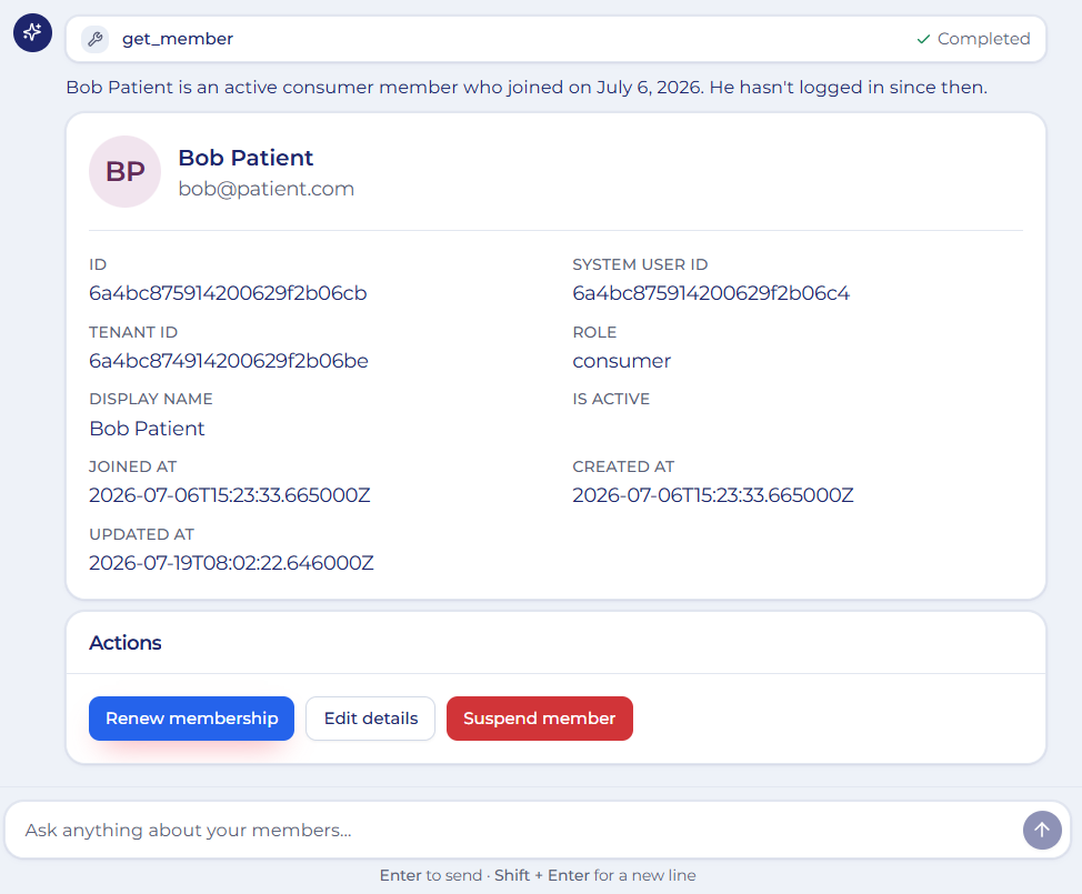 Profile widget in the AI chat showing a member avatar, email, field grid of ID, role and timestamps, plus an Actions row with Renew membership, Edit details and Suspend member buttons