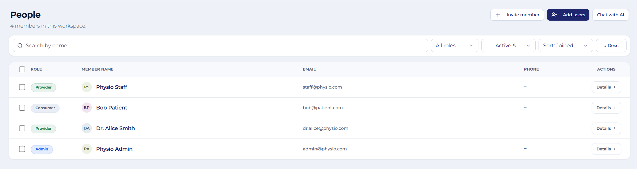 Members listing page of the app with search, role filter, sort controls and a Chat with AI button in the header