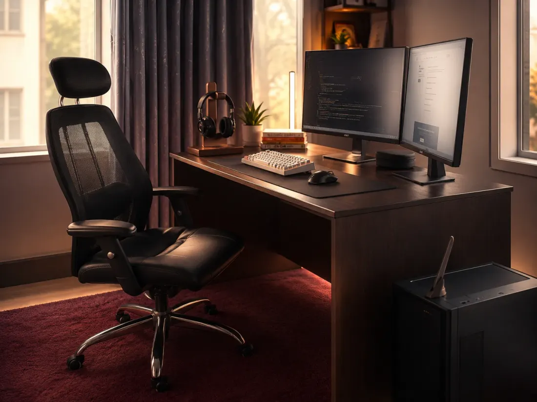 Sujit Yadav's home development workspace — dual monitors running code, a mechanical keyboard, headphones, and an ergonomic chair in warm light